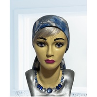 BEAUTIFUL SOFT FITTED SCARF/TURBAN IN BLUE AND GREY FLORAL