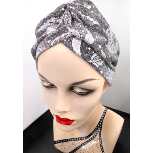 Classic Cloche style Silver Leaves on Slate coloured Turban