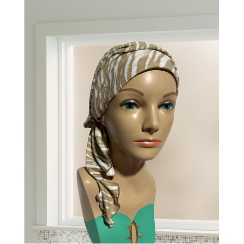 BEAUTIFUL SOFT FITTED SCARF/TURBAN IN CREME AND BEIGE ANIMAL PRINT