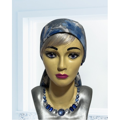 BEAUTIFUL SOFT FITTED SCARF/TURBAN IN BLUE AND GREY FLORAL