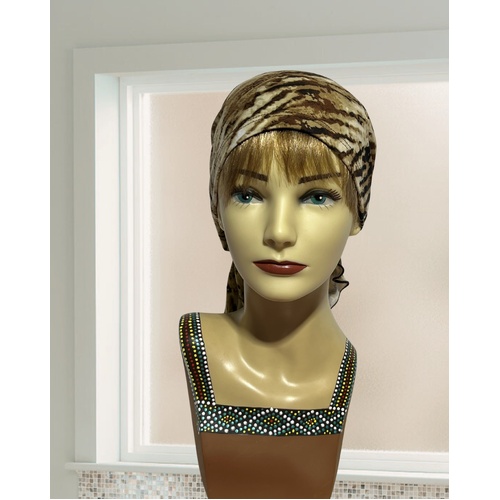 BEAUTIFUL SOFT FITTED SCARF/TURBAN IN BROWN TIGER PRINT