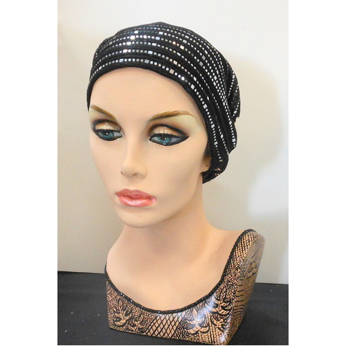 Silver Chevron Sequin on Black Turban Headwear