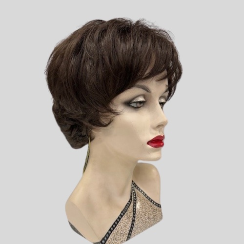 Petite Kaelyn Short Layered Back and Wispy Long Fringe Dark Brown Wig