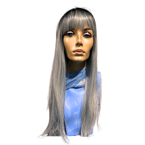 Sensational 27" Long Silver Straight Fringed Wig